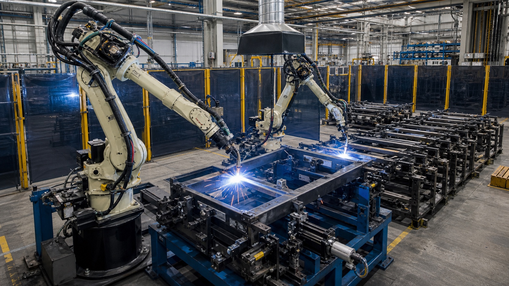 Industrieroboter beim Schweißen identischer Stahlbaugruppen in einer Serienfertigung